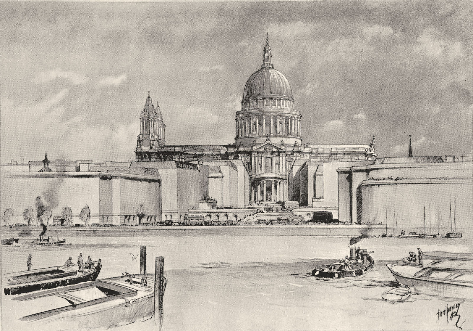 LONDON. St Paul's cathedral. View of proposed embankment 1944 old print